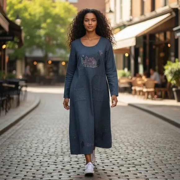 Vintage Lucky & Izzy M/L Linen Long Sleeve Dress Hand Painted Wearable Art Boho - Picture 5 of 13